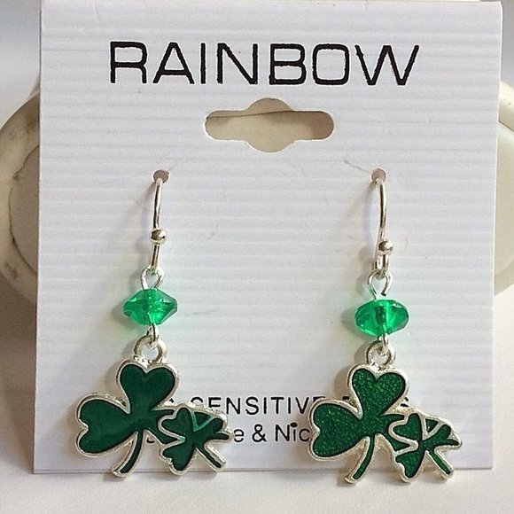 Irish Shamrock Hypoallergenic Earrings Celtic St Patricks Green Silver Plated - Picture 2 of 12